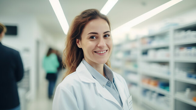 pharmacist smiling in a chemist shop. female, white lab coat, blurred background with shelving and customers. Healthcare professional at work.