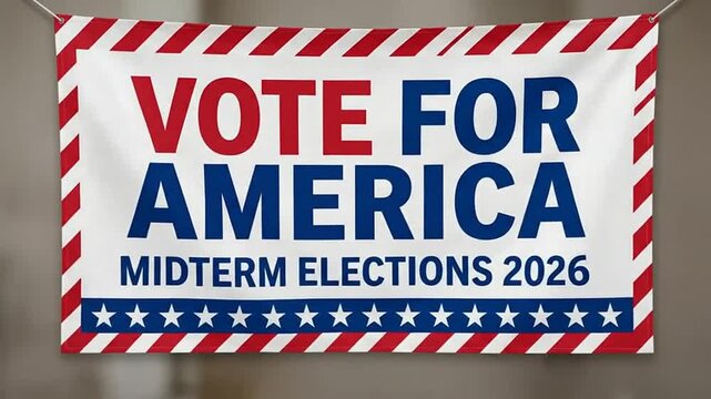 Patriotic Vote for America Midterm Elections 2026 campaign sign hanging on a wall.