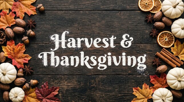 A rustic dark wooden background decorated with autumn leaves and white pumpkins for a beautiful happy thanksgiving day banner design