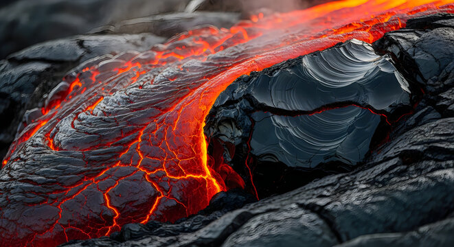 Molten lava flowing over black volcanic rock surface