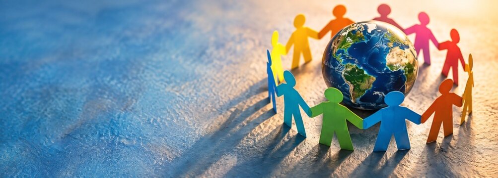 Paper cut out people holding hands around a globe representing global unity and environmental consciousness with earth globe