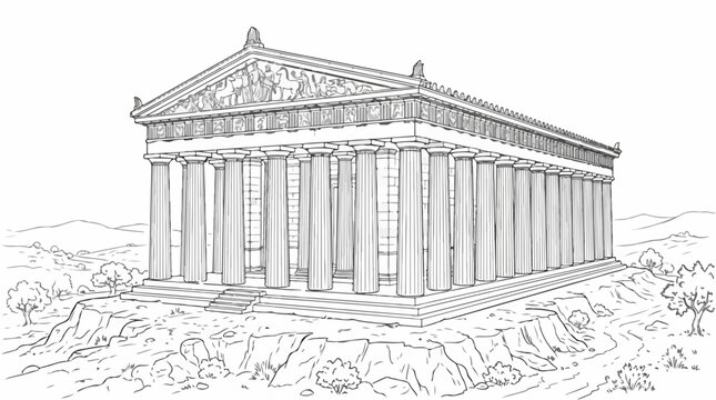 Ancient Greek temple line art illustration for coloring book page