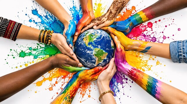 Diverse group of hands with colorful paint holding a small globe symbolizing global unity and environmental protection