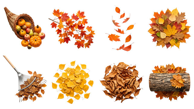 Set of autumn harvest elements pumpkins, falling maple leaves, and rake isolated on transparent background