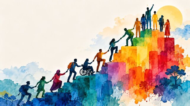 Diverse group of people helping each other climb up colorful steps representing progress and collective achievement with teamwork