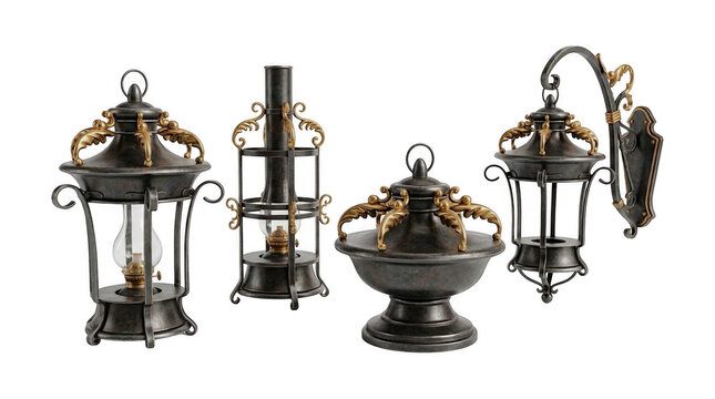 Vintage style metal garden lamps with ornate ironwork and golden accents on a white background