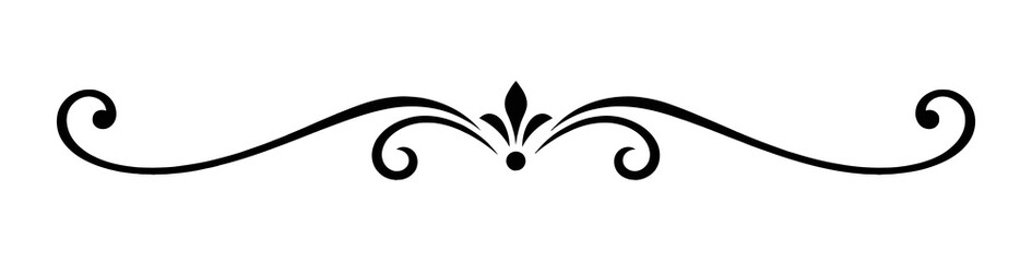 Divider scroll illustration in black with intricate flourishes and centered floral motif, arranged horizontally, vintage design elements, Transparent PNG © Ashira