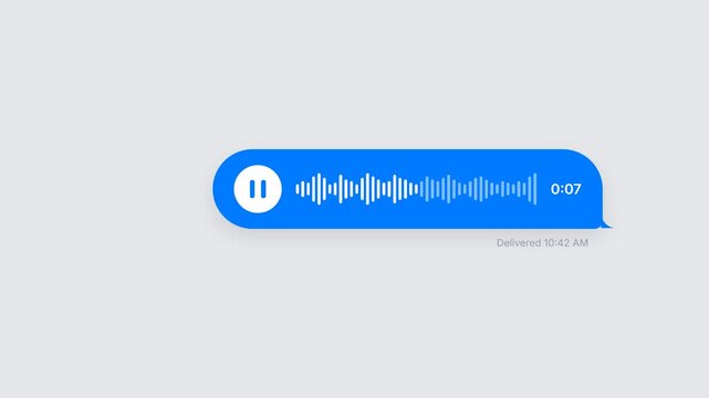 Animated voice message bubble, dynamic audio waveform with play and pause buttons, changing timestamps from 0:01 to 0:15, symbolizing communication, technology, and digital messaging.