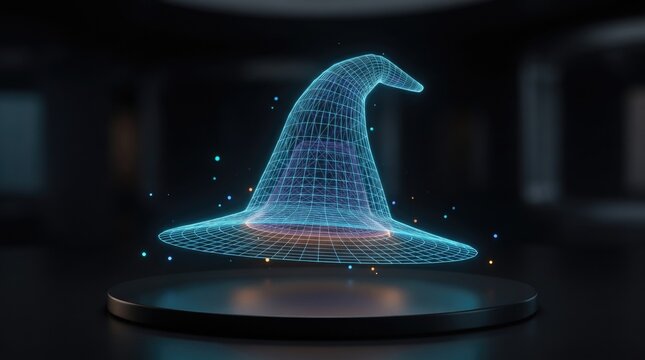 A mesmerizing digital rendering of a classic witch's hat illuminated with vibrant blue light evoking the spooky spirit of halloween