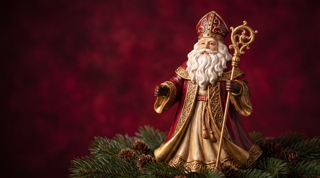 A decorative figurine of Saint Nicholas holding a golden crosier, standing on fresh pine branches against a dark, moody, festive red bokeh background.