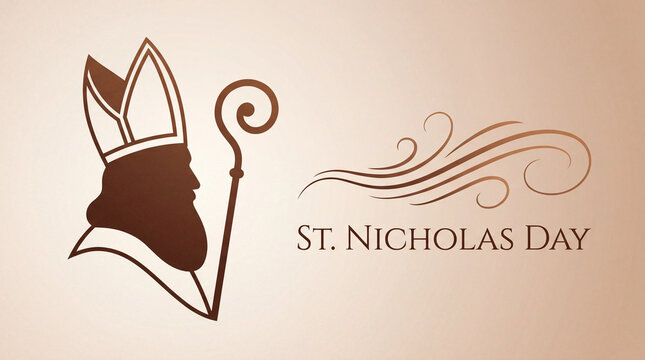 A elegant silhouette of Saint Nicholas with a bishop's mitre and crozier, featuring festive calligraphic flourishes and St. Nicholas Day text in brown tones.