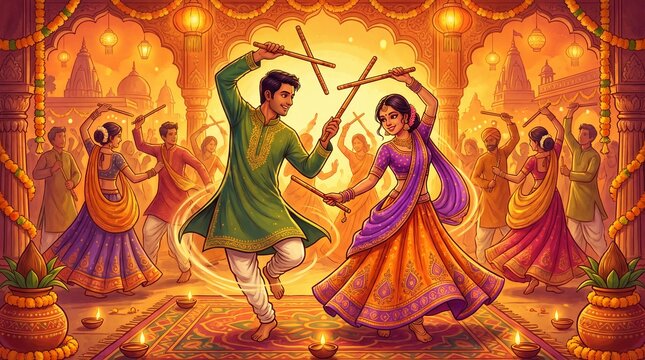Garba Night poster for Navratri Dussehra festival of India. vector illustration design of couple playing Dandiya dance