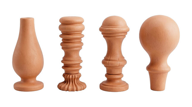 Four decorative carved wooden finials of different shapes on white background with carved wood
