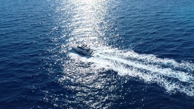 Luxury white motor yacht cruising on blue ocean water