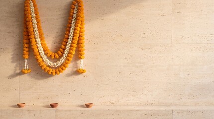 Obraz premium diwali festivities decor, a serene composition featuring a marigold garland against a travertine wall