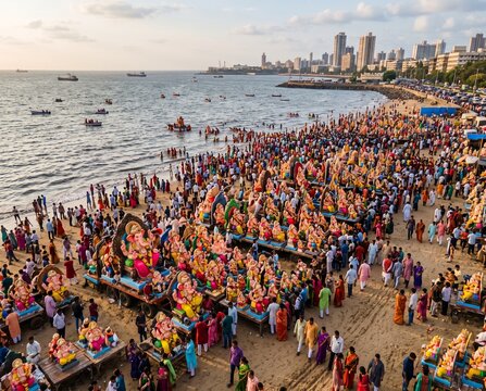 Aerial View of Ganesh Idols on Shore &mdash; Visarjan Preparation