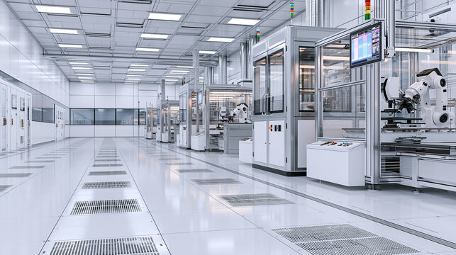 Modern automated factory production line with robotic arms in a brightly lit cleanroom environment.