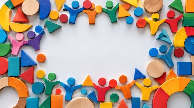 Frame of colorful wooden people figures and building blocks with copy space toy people playful design wooden toys diverse group