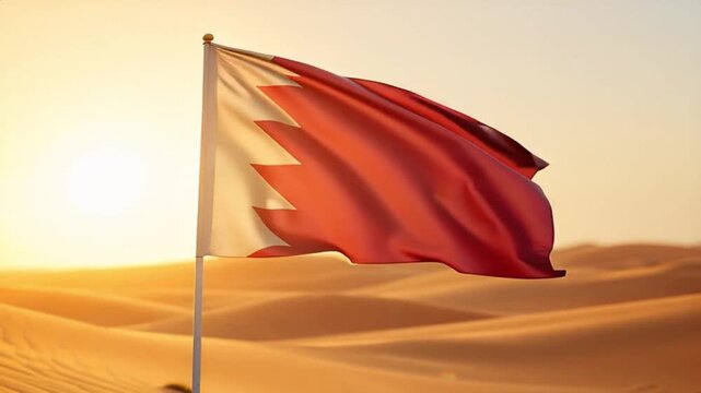 Bahrain flag waving in the desert dunes at sunset