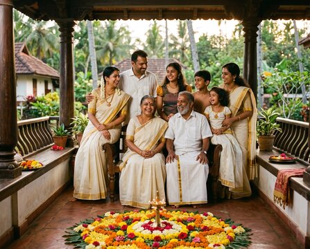 Multigenerational family in traditional Kerala mundu and saree posing joyfully on a veranda with pookalam