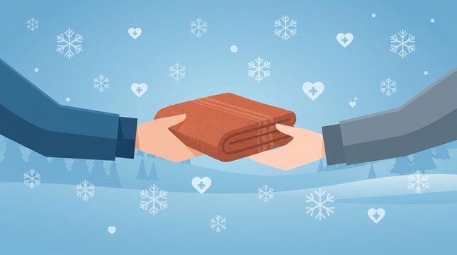 Symbolic hands exchanging a warm blanket surrounded by snowflakes, representing winter charity, compassion, generosity and humanitarian support.