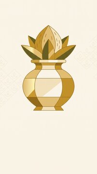 Golden Kalash pot filled with coconut and mango leaves on a light cream background, Dhanteras festival celebration vector illustration concept.