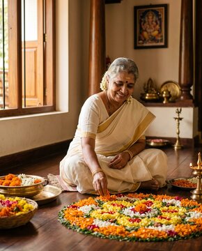 Elderly Kerala woman in a white saree arranging a pookalam on the floor