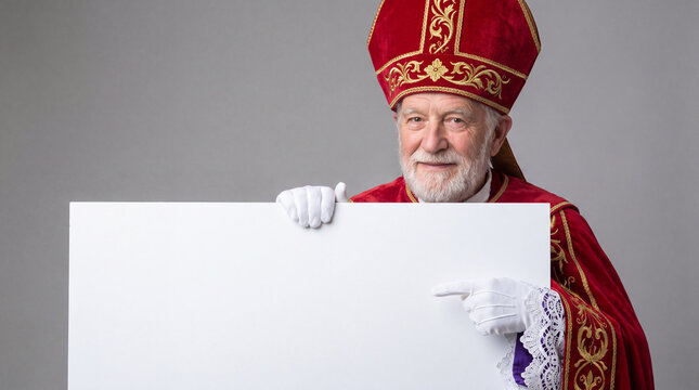 A kind senior man dressed as Saint Nicholas wearing a red mitre and robes, holding a large blank white sign with space for custom text against a gray background.