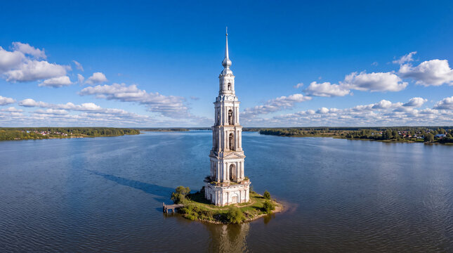Aerial view of the historic Flooded Bell Tower of St. Nicholas Cathedral standing on a small island in the Uglich Reservoir, Russia.