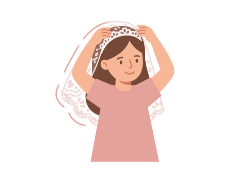 Young girl wearing white lace bridal veil and tiara playing wedding bride in pink shirt artwork.