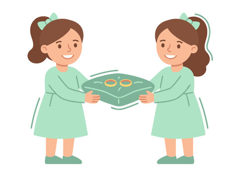 Identical Twin Flower Girls Holding Green Wedding Ring Pillow For Marriage Ceremony Illustration