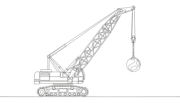 Wrecking ball crane on crawler tracks in a detailed black and white outline drawing representing demolition and construction.