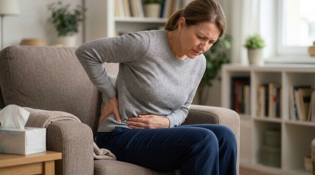 Woman Experiencing Abdominal Pain While Sitting Comfortably At Home
