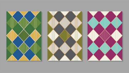 Obraz premium Set of three geometric poster designs with colorful diamond argyle patterns representing modern textile art.