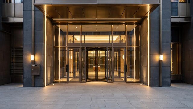 Modern luxury office building entrance with glass revolving doors and warm lighting. Ideal for corporate real estate and business architecture presentations.