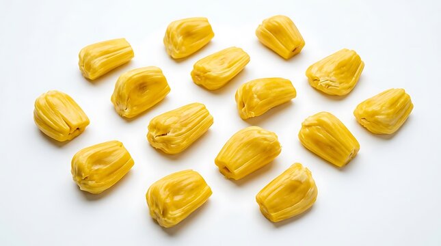 Fresh ripe jackfruit bulbs isolated on white background.