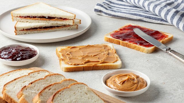 Peanut butter and jelly sandwiches prepared with white bread and fruit jam. This classic lunch scene is perfect for food blogging and nutrition marketing.