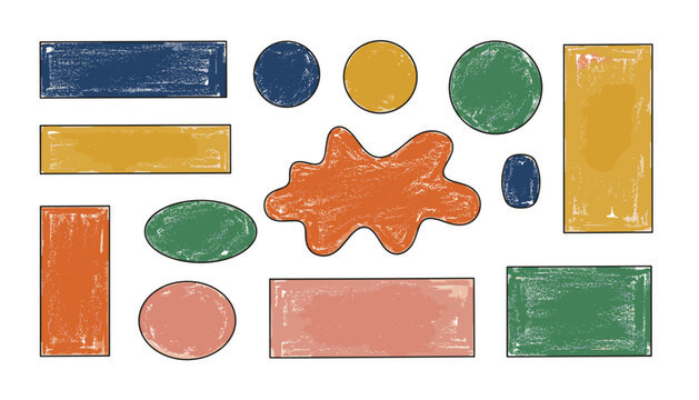 Textural watercolor simple geometric shapes collection displaying rustic hand painted colorful rectangles and circles.