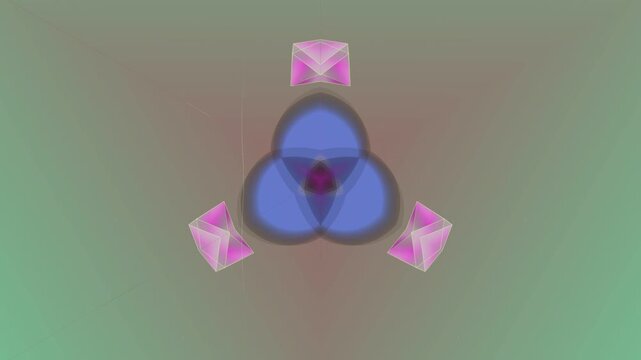 Abstract Digital Art Featuring A Symmetrical Triadic Pattern With Glowing Blue Petal Shapes And Soft Pink Geometric Accents On A Muted Gradient Background