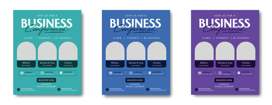 Business conference poster template with guest speaker profiles, event schedule, registration button and professional typography, concept of networking, learning, inspiration and business development