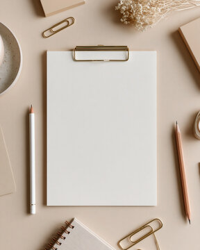 Clipboard mockup blank paper minimalist desk neutral background stationery flatlay school sign template first day of school elegant office beige aesthetic modern workspace Blank clipboard mockup