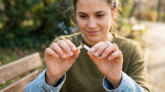 Young Woman Breaking Cigarette Symbolizing Quitting Smoking Outdoors