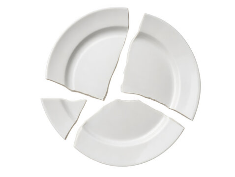 Broken white ceramic dinner plate pieces as isolated on with ceramic as isolated on transparent background