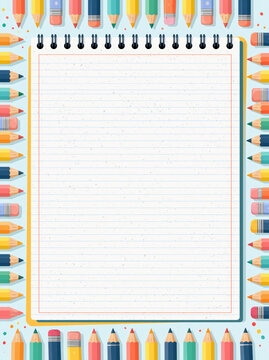 Color pencil border notebook page lined paper spiral notepad school background education template cute pastel stationery design copy space kids learning vibrant