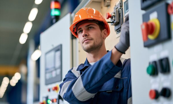 Engineer man inspect system control panel machine indoor factory portrait