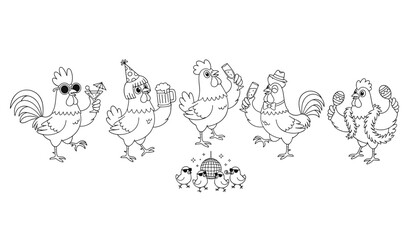 Obraz premium Funny line art illustration of chickens and roosters enjoying a dance party with drinks, music, and a disco ball.