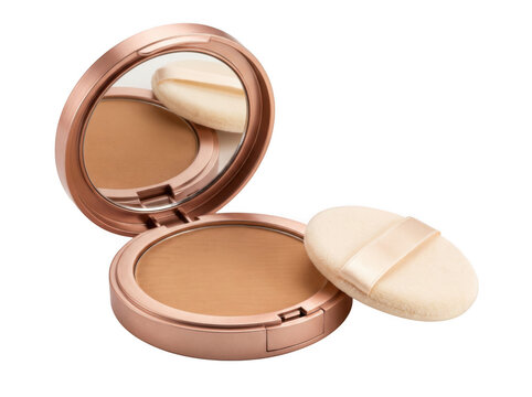 Open compact powder foundation case with mirror and puff as isolated on transparent background