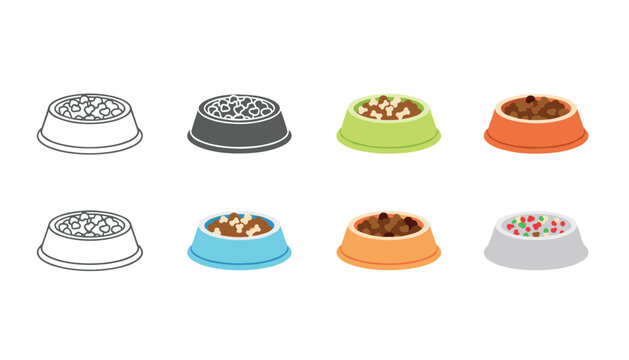 Collection of dog and cat food bowls filled with dry kibbles in various styles and colorful design options for pets.