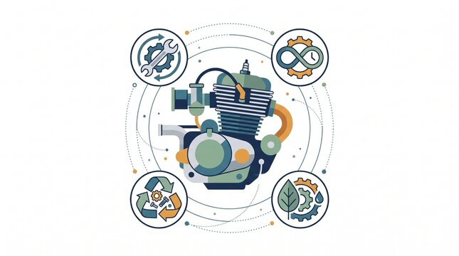 Modern Motorcycle Engine Concept with Eco Friendly Maintenance Symbols