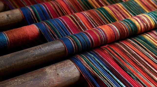 Colorful thread wrapped around wooden rods for traditional textile weaving in vibrant red, blue, yellow, green, and orange patterns with detail and texture